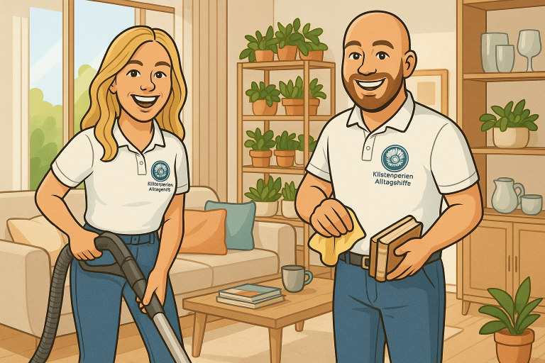 Ein Mann und eine Frau reinigen einen Raum mit Pflanzen und Möbeln im Hintergrund.